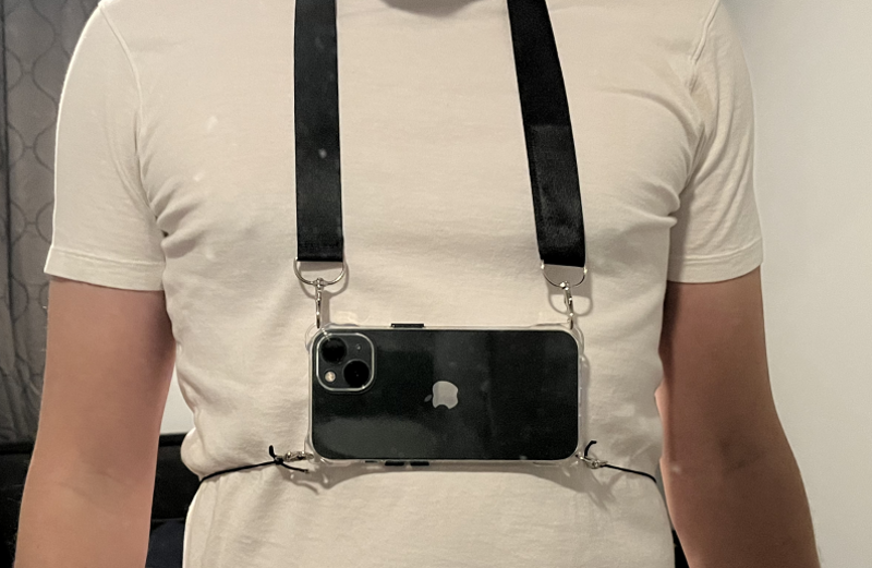 Photograph of a chest-mounted iPhone 13 for use as a bike camera