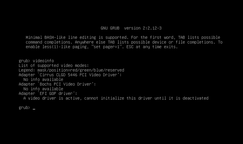 Output of the videoinfo command in a GRUB shell session